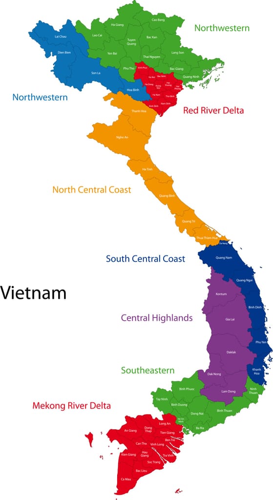 Map of the Socialist Republic of Vietnam with the provinces highlighted in bright colors