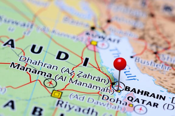 Bahrain location on the map pointed out by a pin.