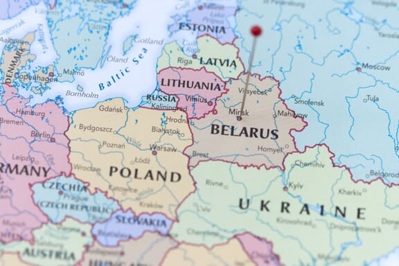 Belarus location on the map pointed out by a flag pin.
