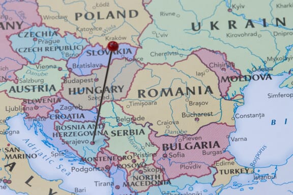 Bosnia and Herzegovina location on the map pointed out by a flag pin.