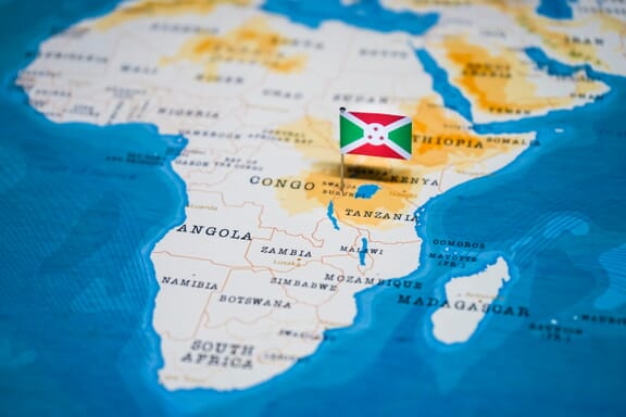 Burundi location on the map pointed out by a flag pin.