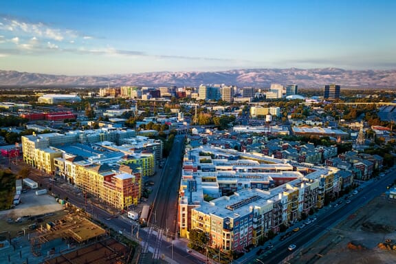 Drone photo of sunset over downtown San Jose in California Drone photo of sunset over downtown San Jose in California
