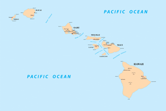 Hawaii counties map showing counties, main cities, and the Pacific Ocean.
