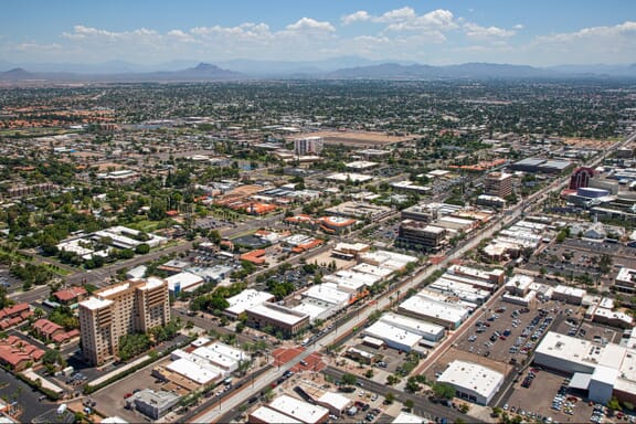 Aerial view of Main Street in downtown Mesa, Arizona with light rail transportation near completion Aerial view of Main Street in downtown Mesa, Arizona with light rail transportation near completion
