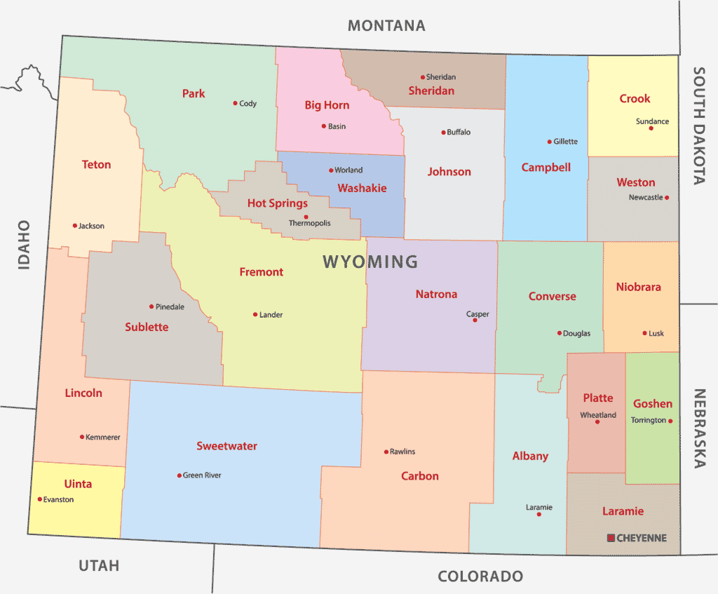 A color-coded map showing the counties of Wyoming, with each county labeled and the surrounding states identified.