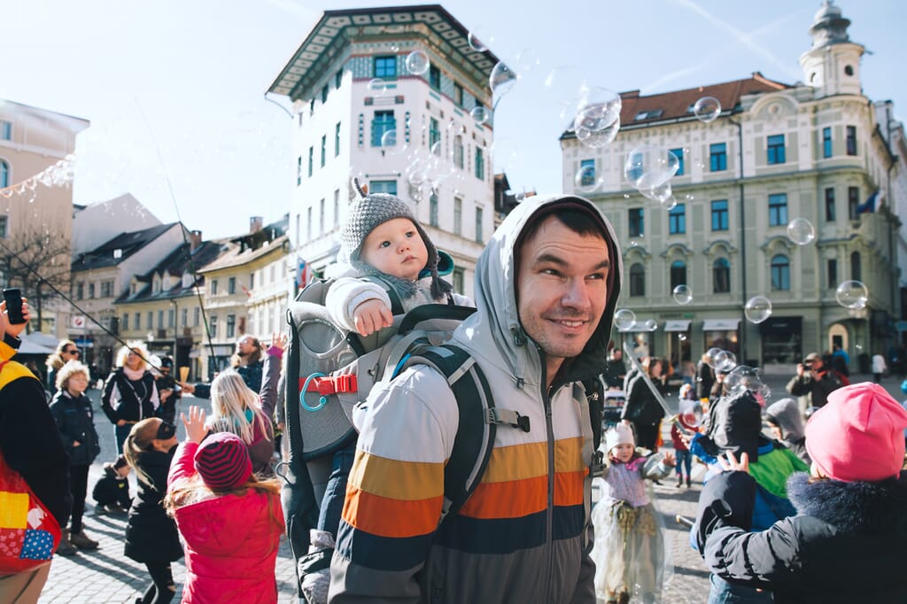 Father with child in Ljubljana, Slovenia. One of the safest countries in the world.