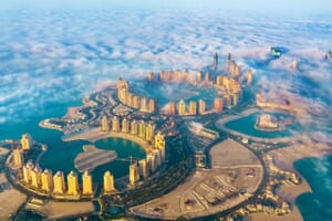 Aerial view of the pearl qatar island in doha through the