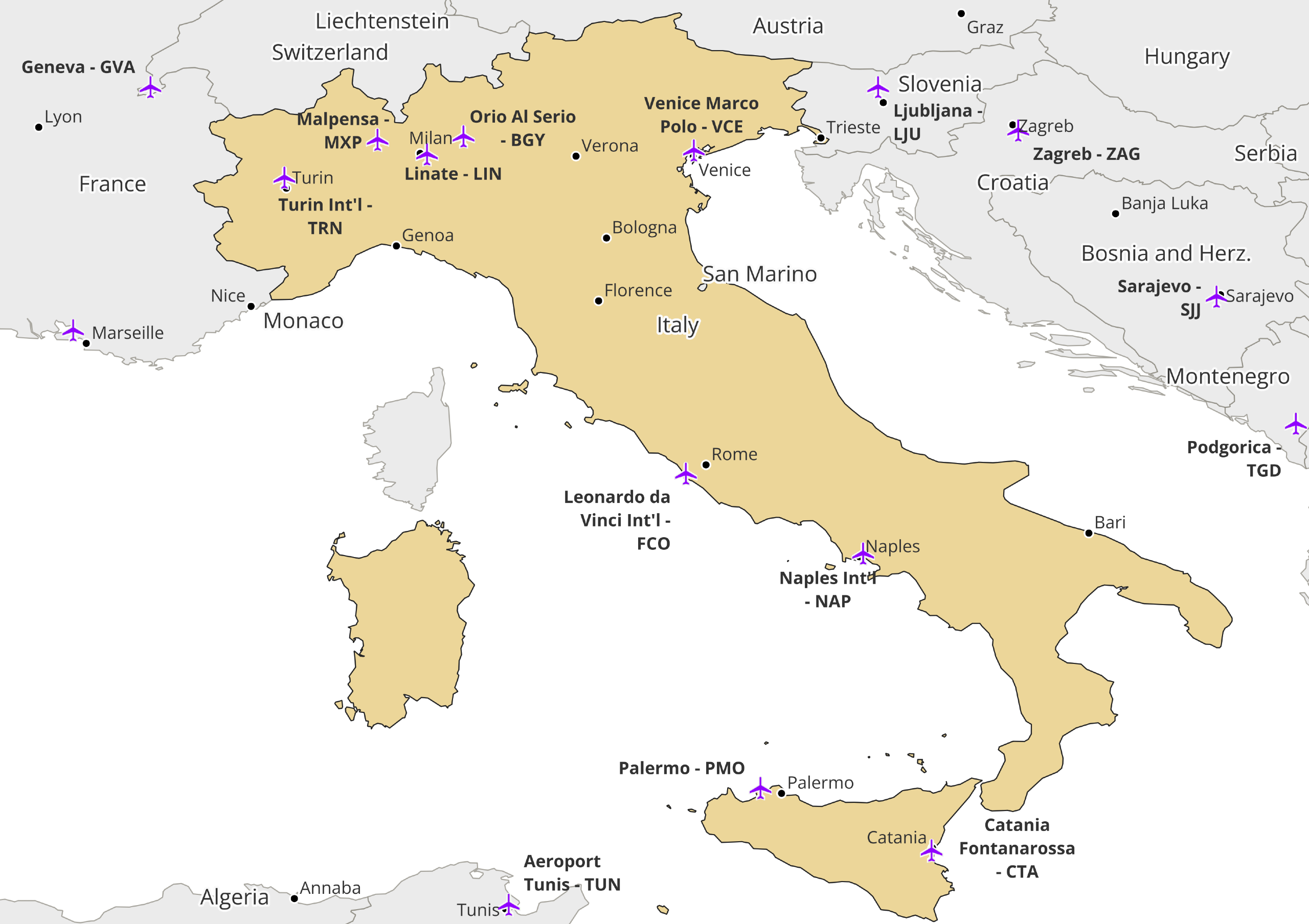 Major Airports In Italy Mappr   Italy Major Airports Map 