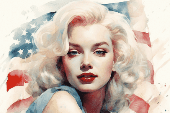 Marilyn Monroe blonde in front of the US flag. AI generated watercolor painting.