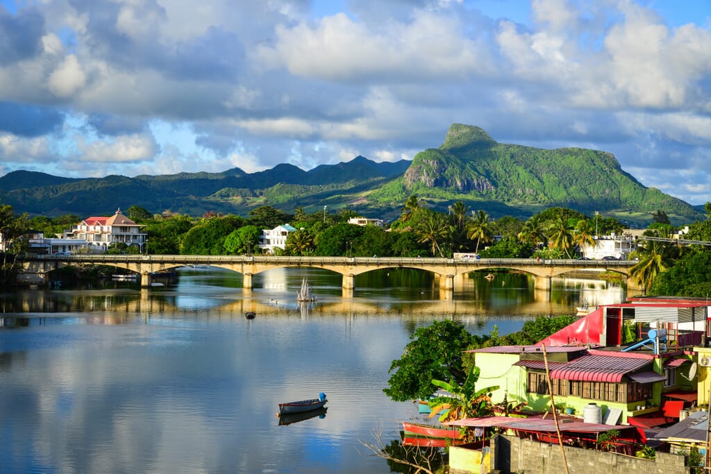 River scene and mountains in Mauritius, the safest country in Africa.