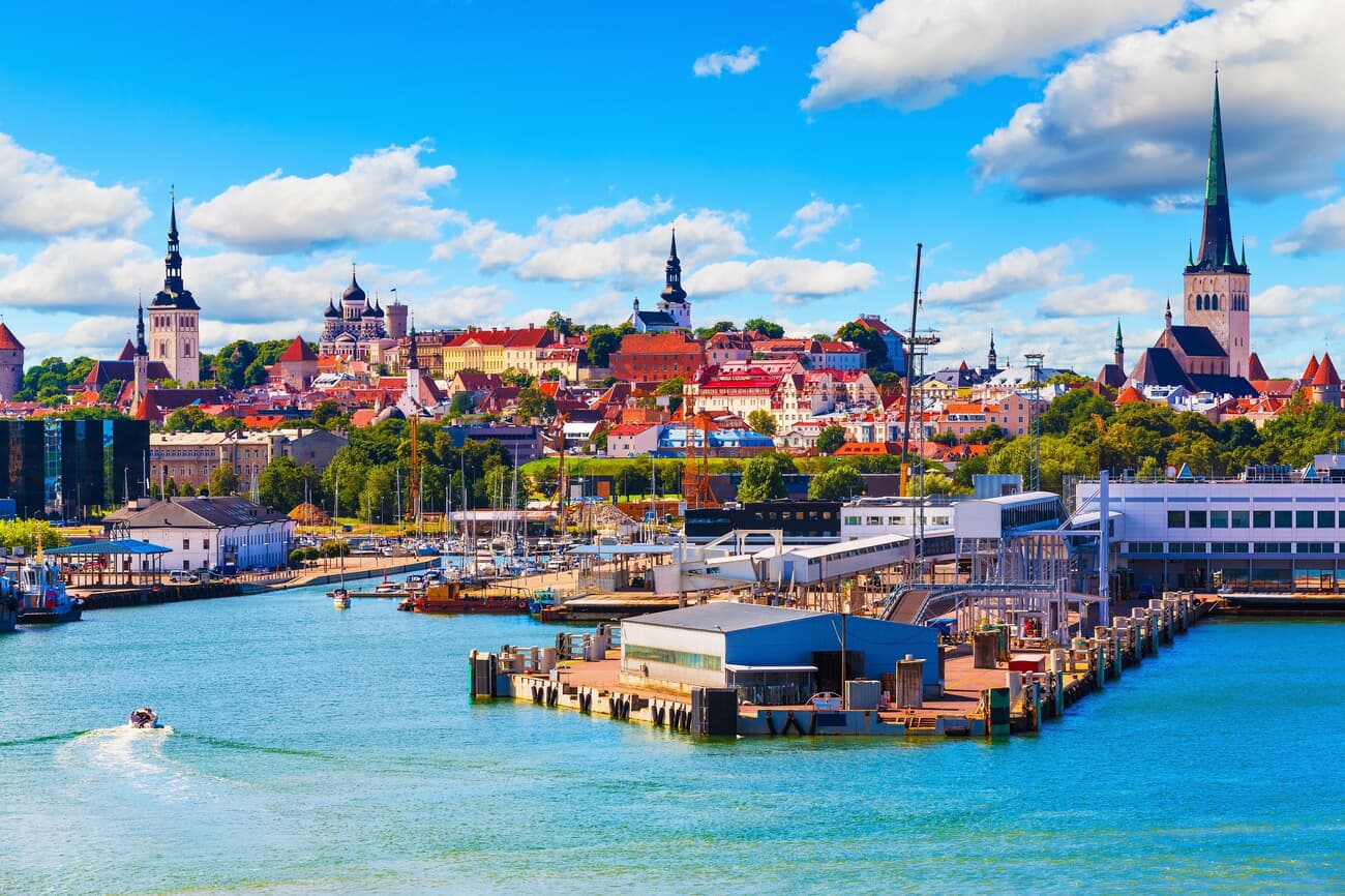 Scenic summer view of the Port and in front of the Old Town architecture in Tallinn.
