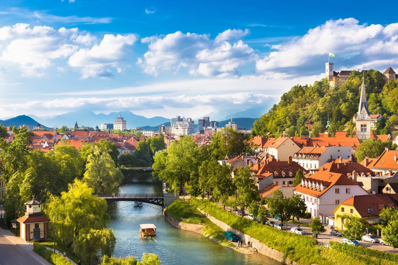 Cityscape of Ljubljana with Ljubljanica River in the foreground