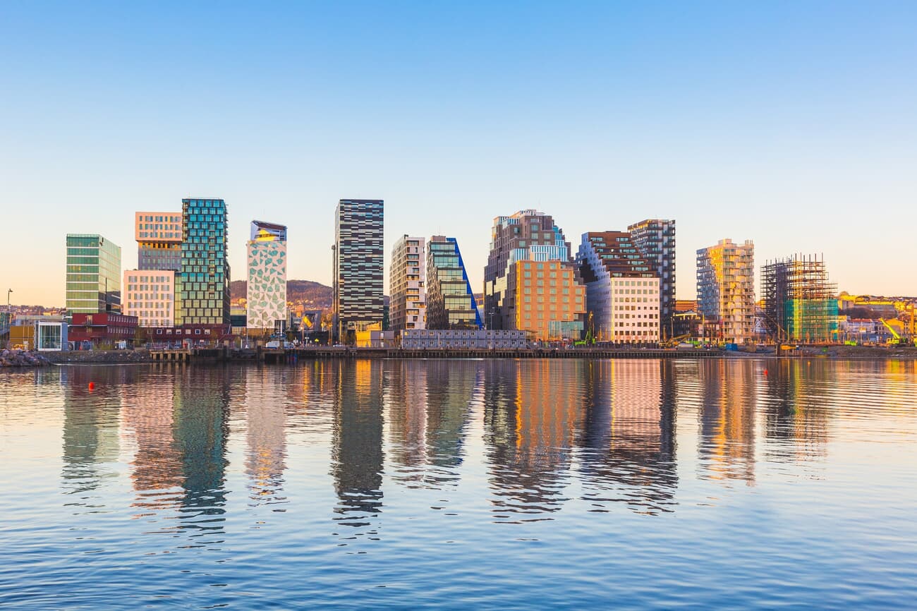 Skyline of modern buildings and waterfront in Oslo