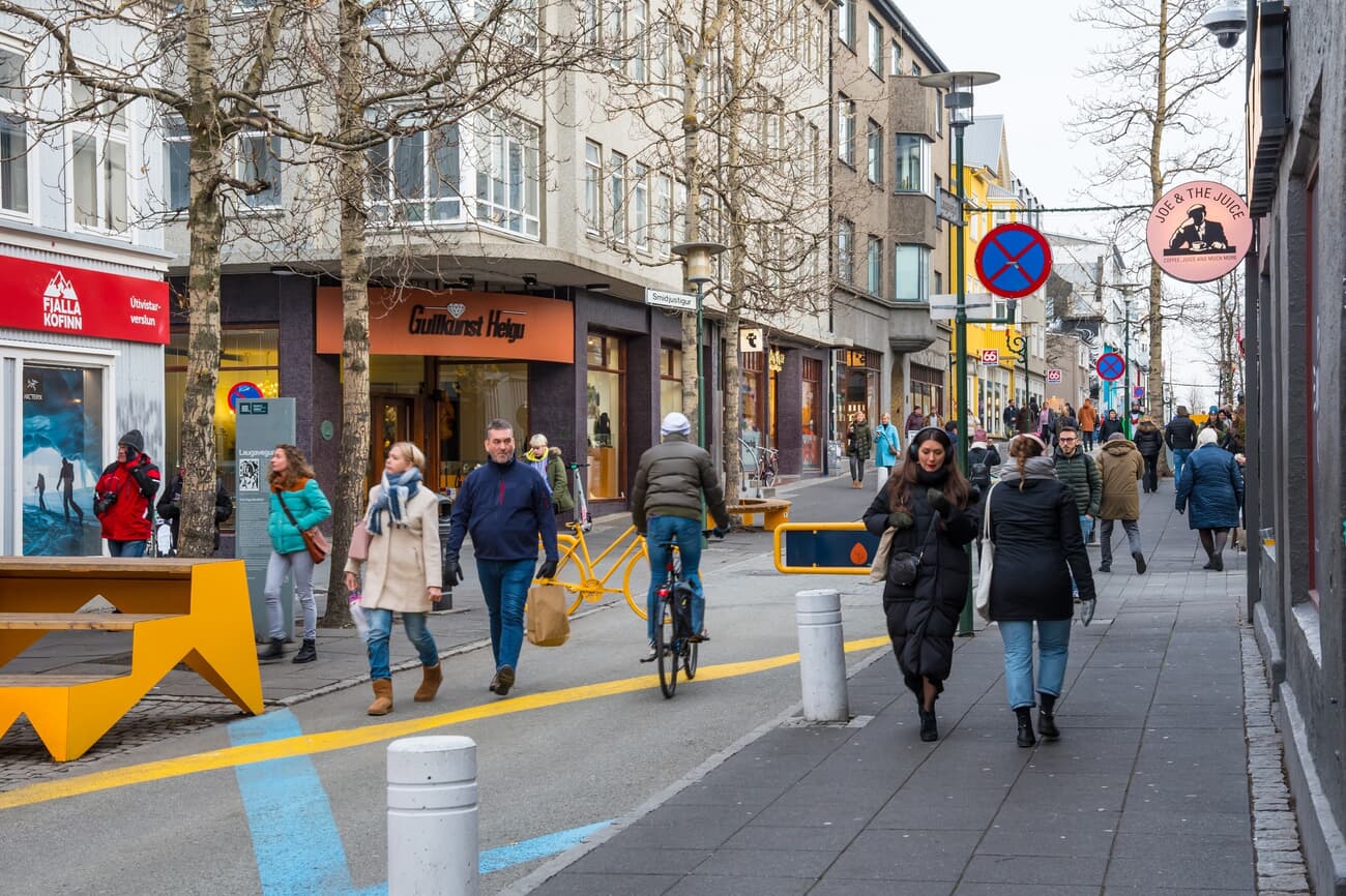 Locals commute on one of the busiest streets in Reykjavik