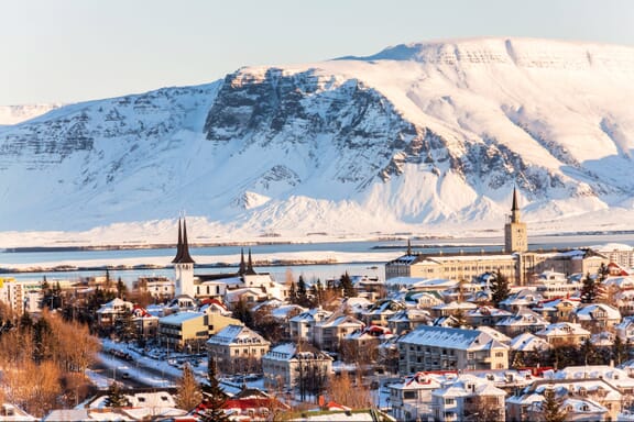 Skyline of Reykjavik on a snowy winter day