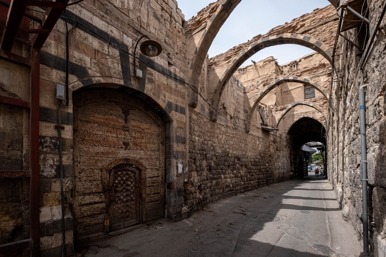 Historical oriental architecture in an alley in the Ancient City of Damascus