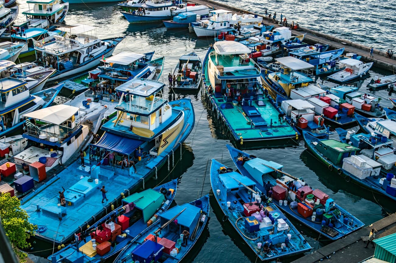 A crowd of boats at the Malé Port, a hub for fishing and trade