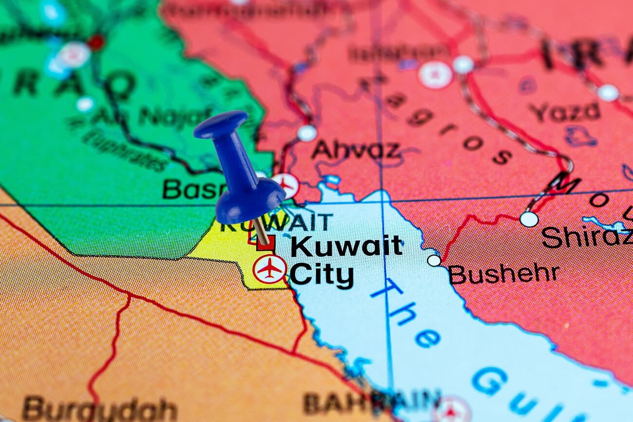 Location of Kuwait City, situated along the shores of the Persian Gulf
