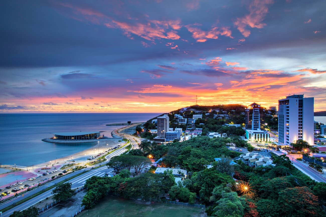 Vivid skyline over Port Moresby at sunset