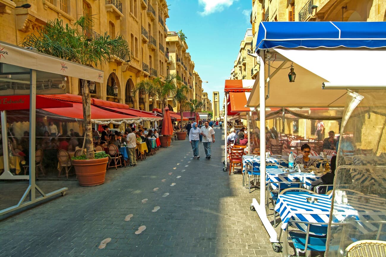 Pedestrian streets filled with restaurants showcasing everyday life in Beirut