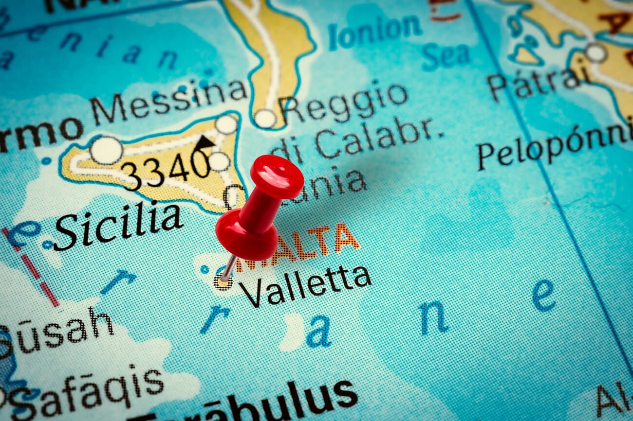 Location of Valletta, Malta, south of Sicilia