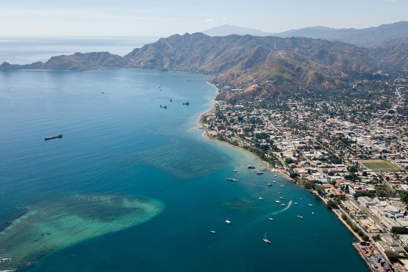 Bird's-eye view of Dili, revealing its coastal topography