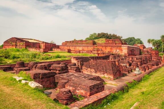 Red stone archeological ruins in Nalanda, Bihar.