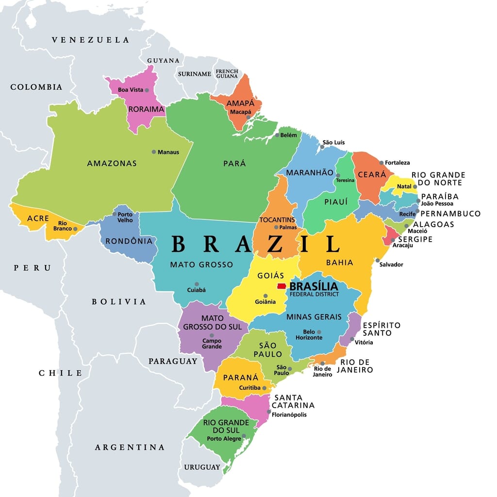 A detailed map of Brazil's 26 states, showcasing their geographical locations and boundaries