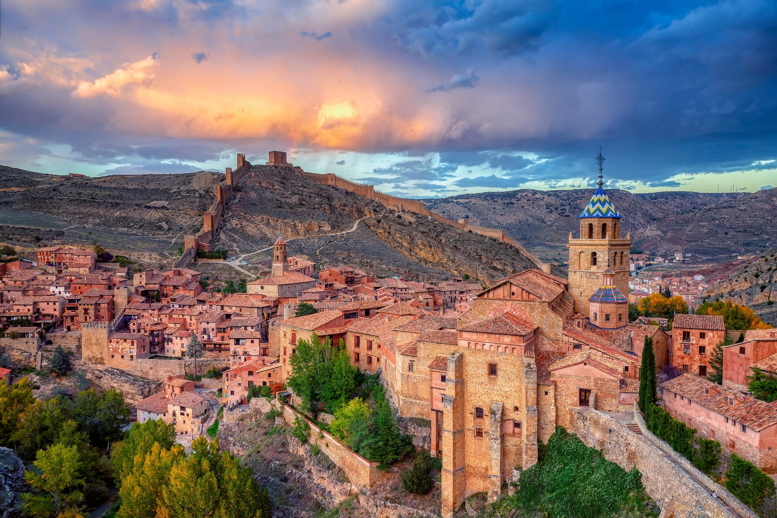 Views of albarracin at sunset with its walls and its