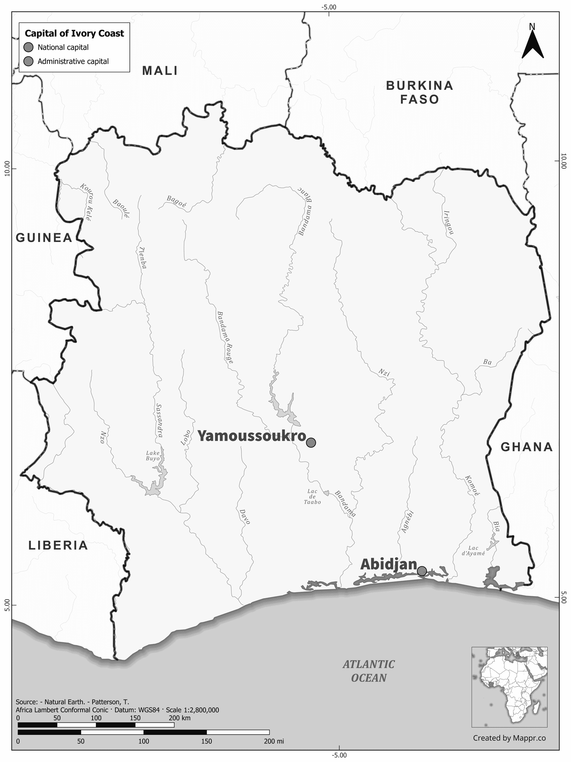 Ivory Coast Maps Mappr Ivory Coast Capital Location Map Black And White 