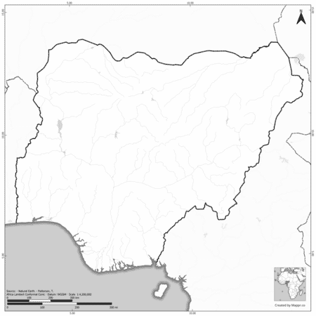 Blank black and white map of Nigeria with borders and no labels.