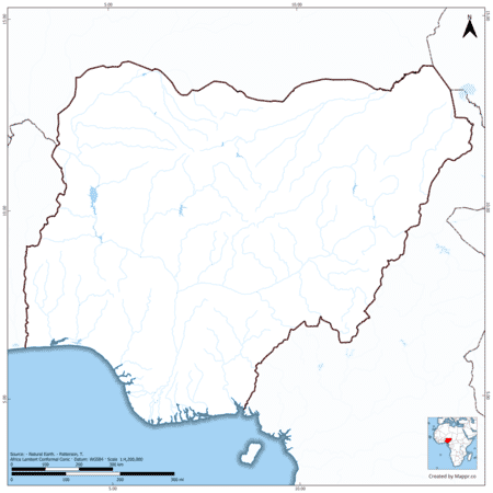 Blank map of Nigeria showing borders and no labels, in color.