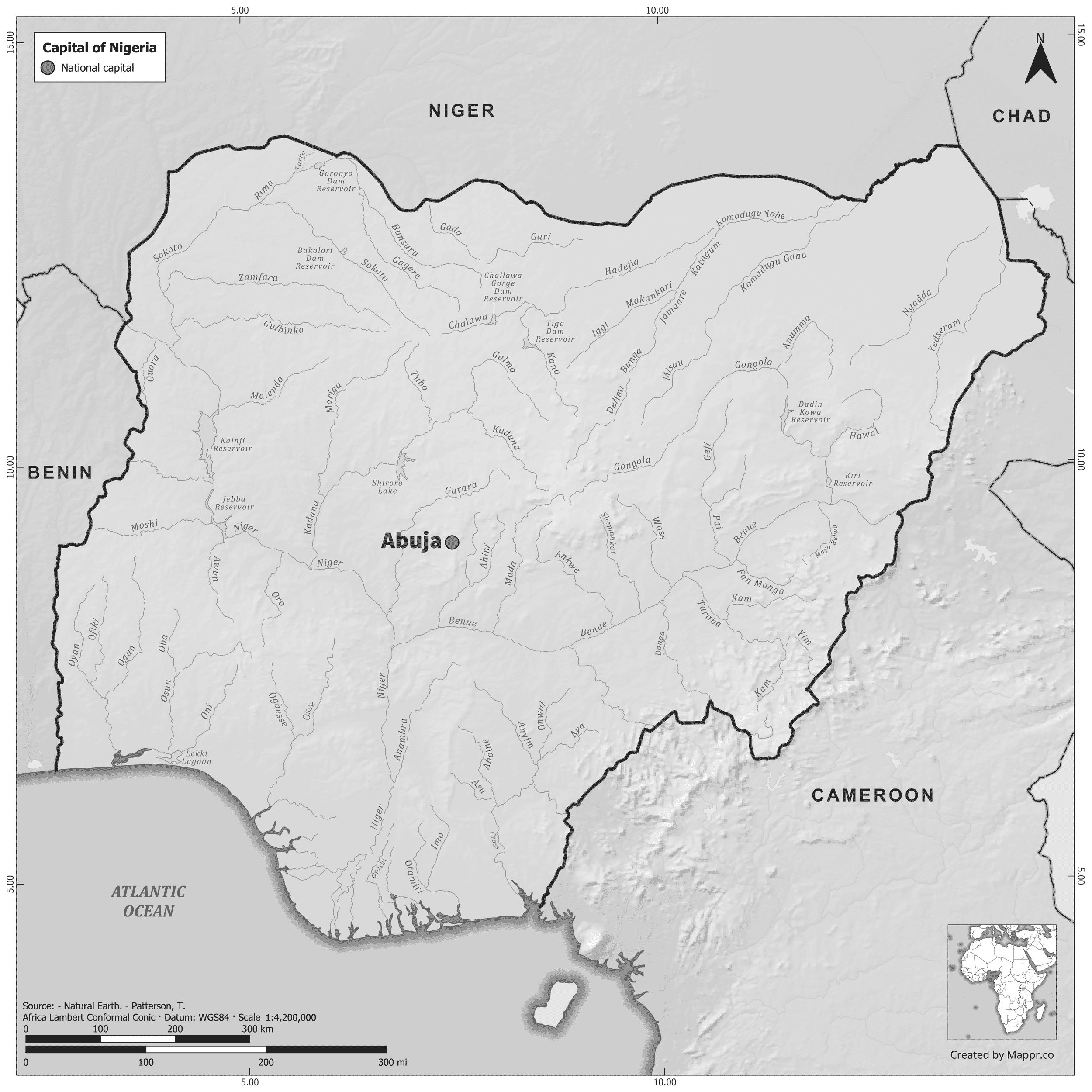 Black and white map of Nigeria highlighting Abuja as the capital, with neighboring countries.