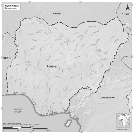 Black and white map of Nigeria highlighting Abuja as the capital, with neighboring countries.