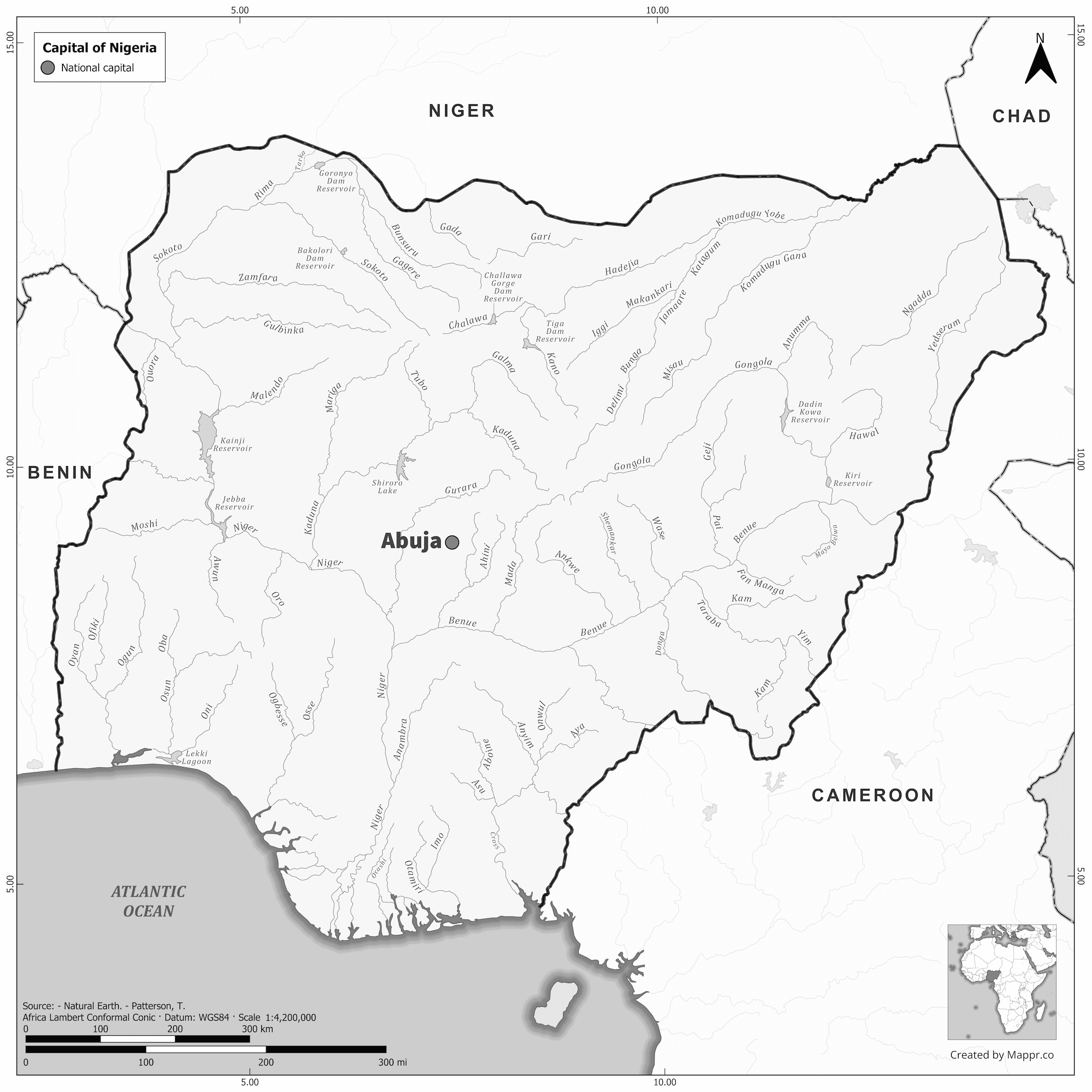 Black and white map highlighting Abuja, the capital of Nigeria.
