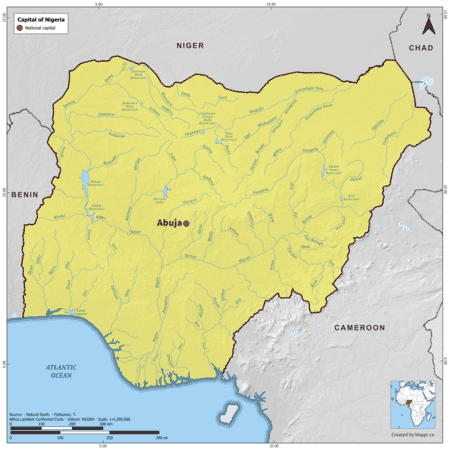 Map highlighting Abuja, the capital of Nigeria, with surrounding countries and geographical features, in color.
