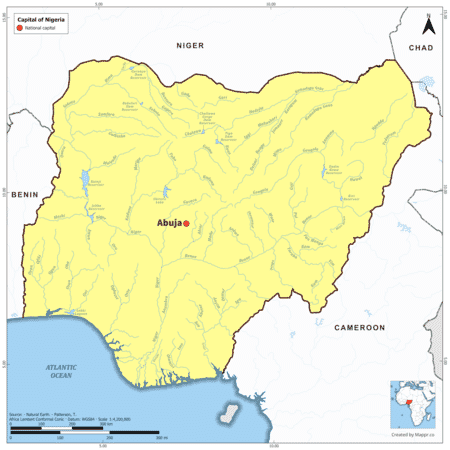 Map highlighting Abuja, the capital of Nigeria, with country borders, in color.