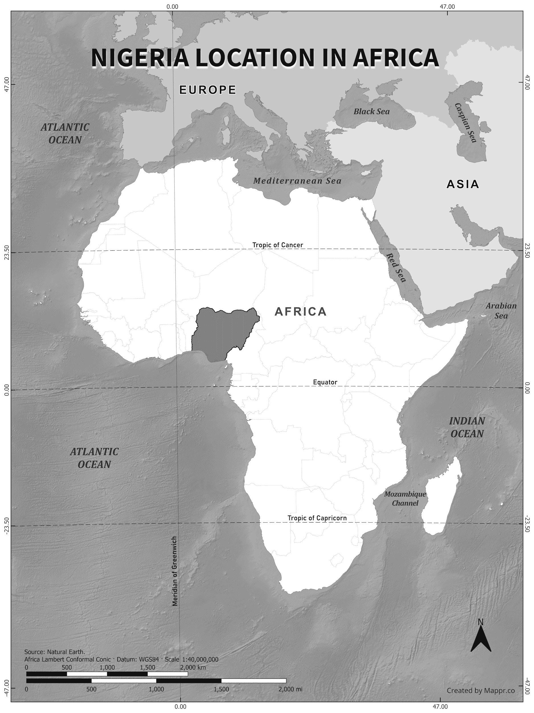 Nigeria location on world map, black and white version.