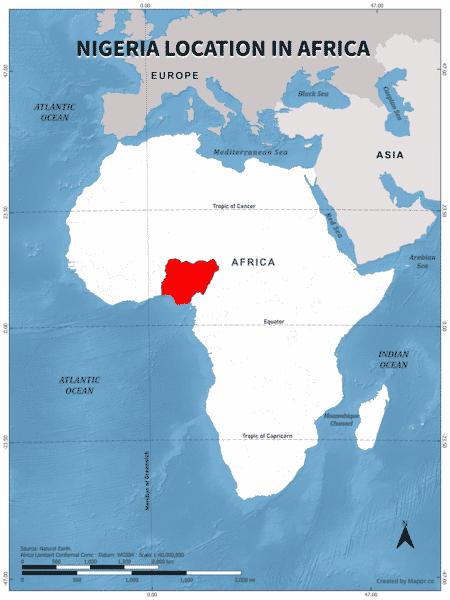 Nigeria location on world map, color version.