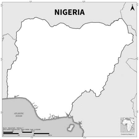 Black and white outline map of Nigeria, showing the country