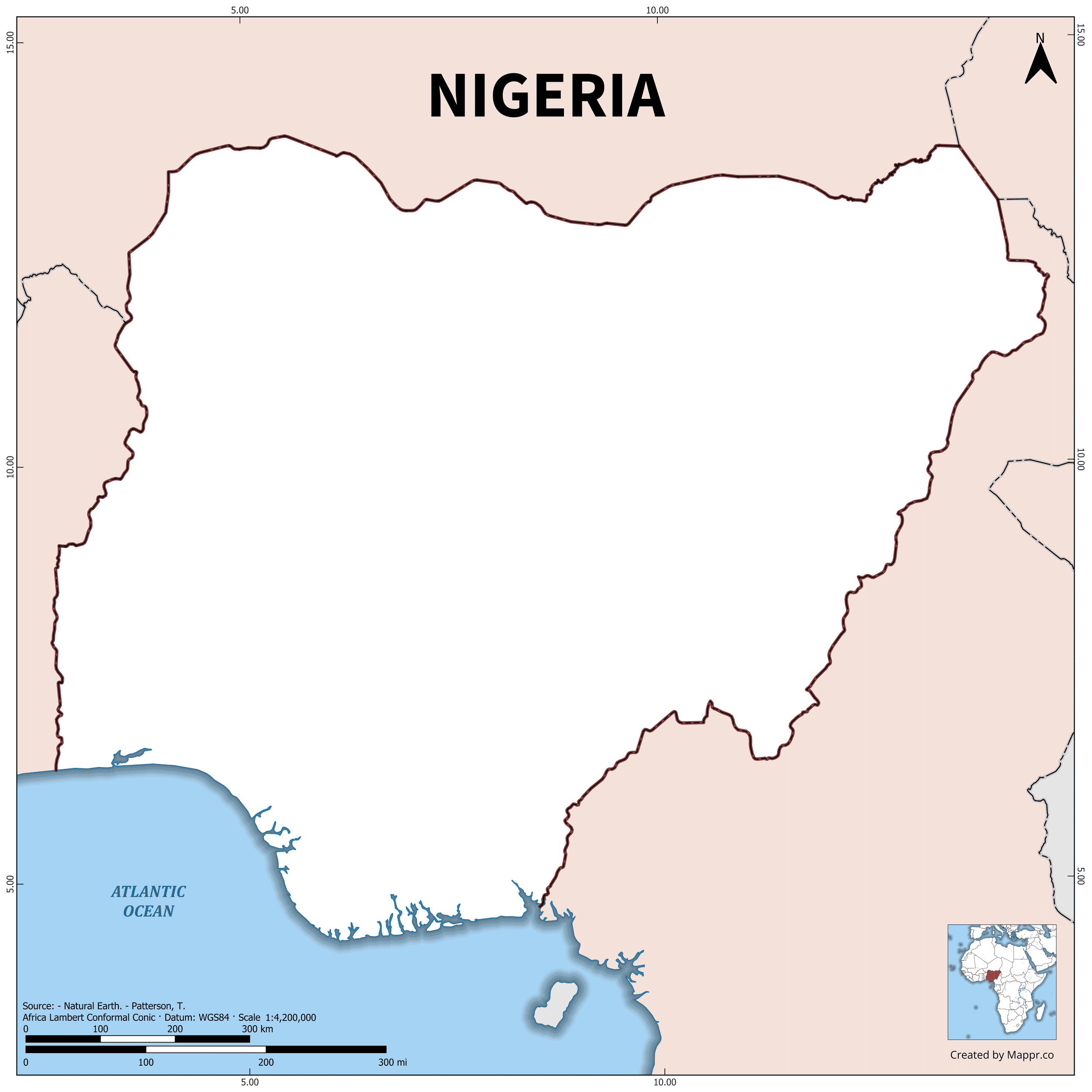 Outline map of Nigeria with country borders in color.