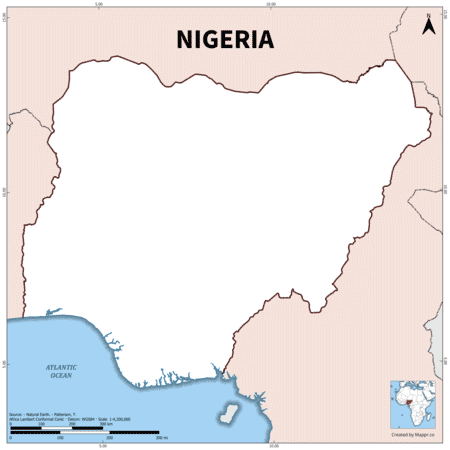 Outline map of Nigeria with country borders in color.