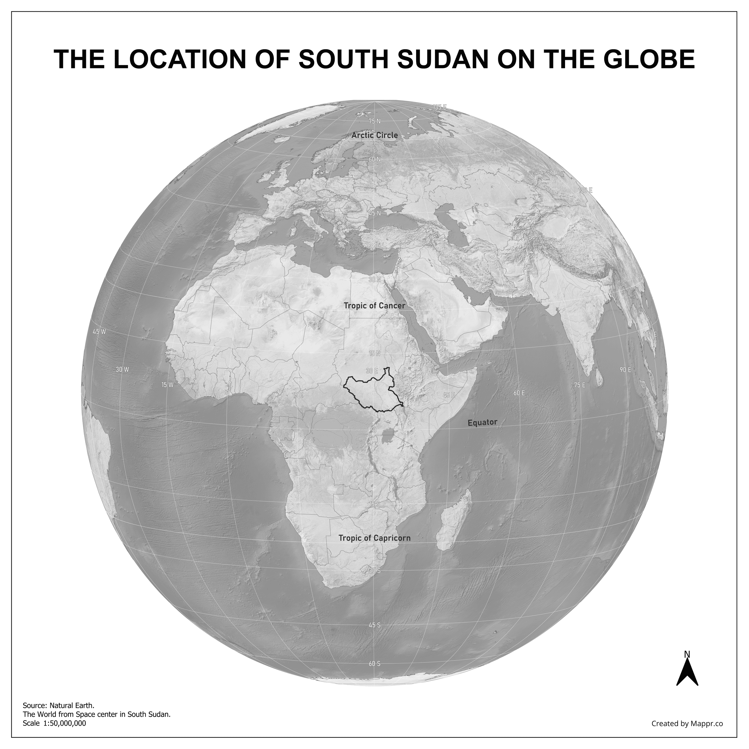 South Sudan Maps Mappr South Sudan Country Location Globe Black And White 