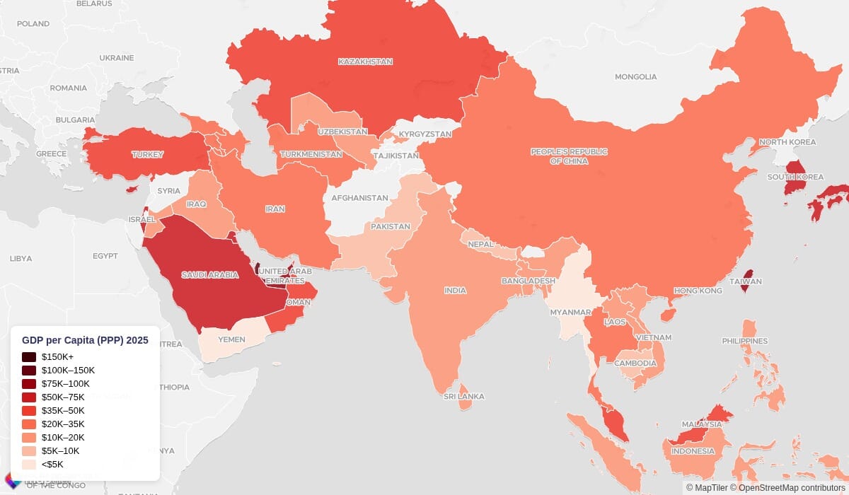 Choropleth map showing GDP per capita PPP across Asian countries in 2025 - darker red indicates higher GDP per capita