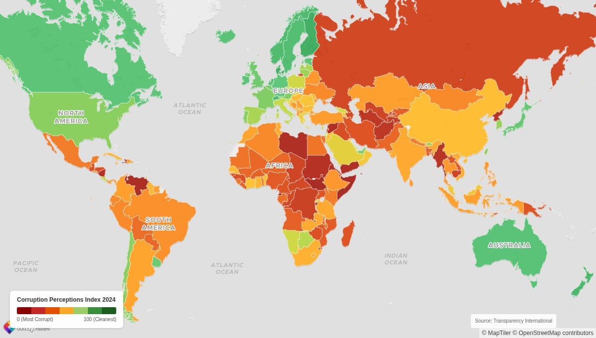 World map showing Corruption Perceptions Index 2024 scores by country - red indicates most corrupt, green indicates least corrupt