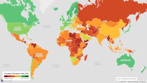 World map showing Corruption Perceptions Index 2024 scores by country - red indicates most corrupt, green indicates least corrupt