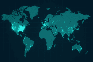 World map showing data center distribution by country with the United States dominating global share