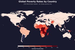 World map showing extreme poverty rates by country, with Sub-Saharan Africa in dark red indicating the highest poverty rates