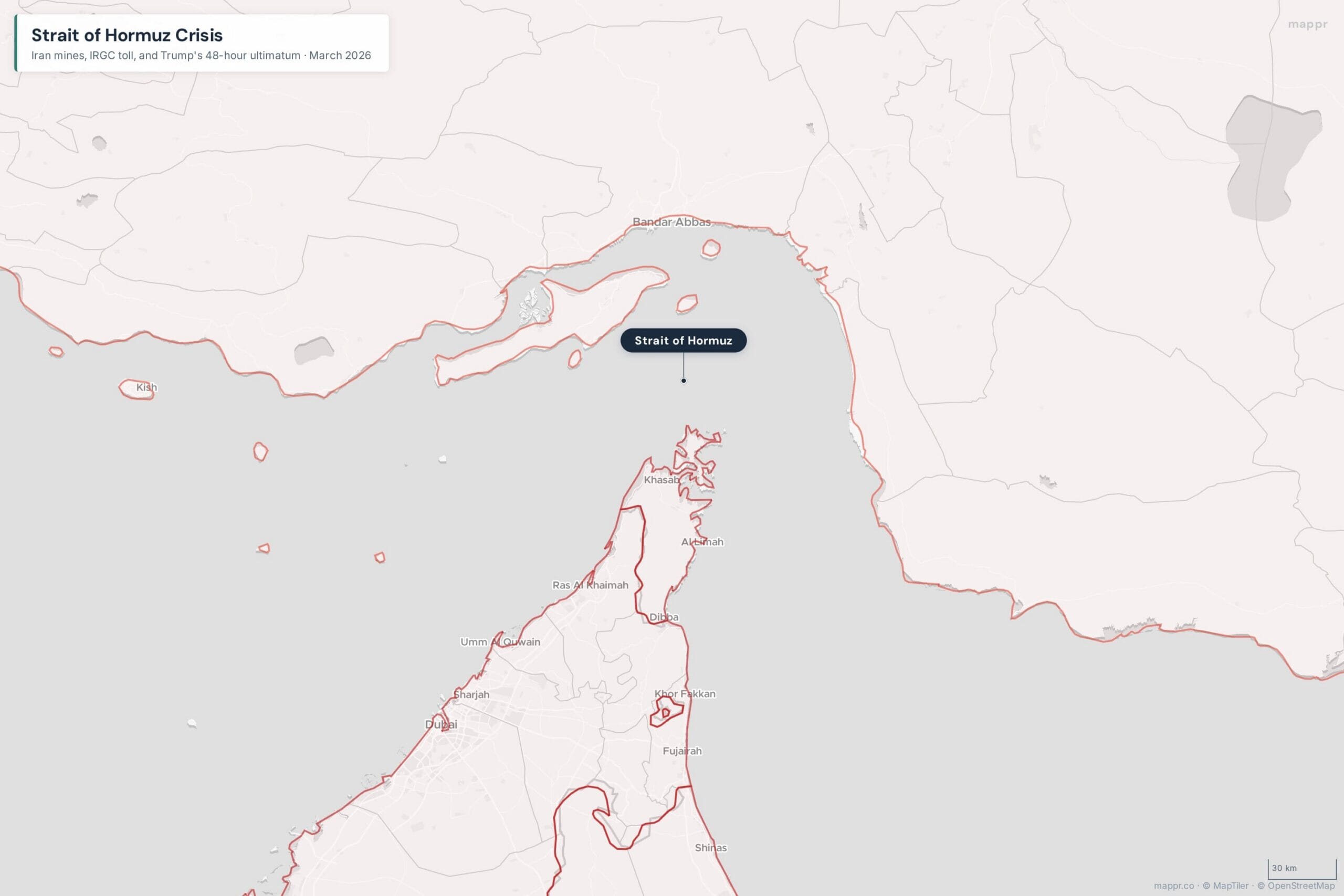 Map showing the Strait of Hormuz crisis zone with Iran controlling the chokepoint