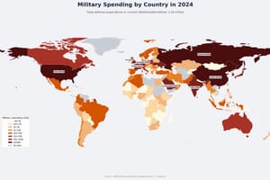 Choropleth world map showing military spending by country in 2024, with the United States at 97 billion leading global defense expenditure